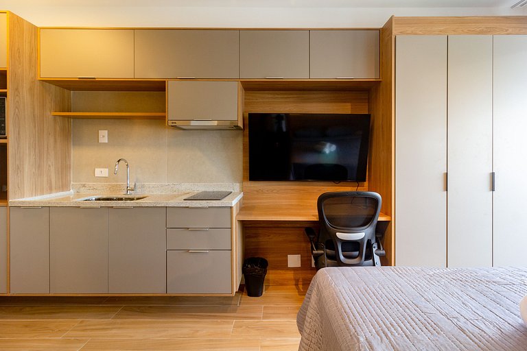 Elegância e conforto: apto completo c/ cama queen
