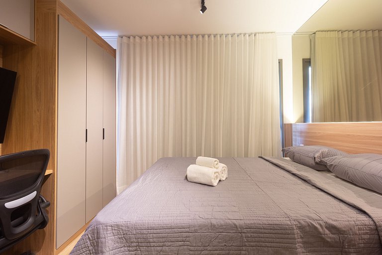 Elegância e conforto: apto completo c/ cama queen