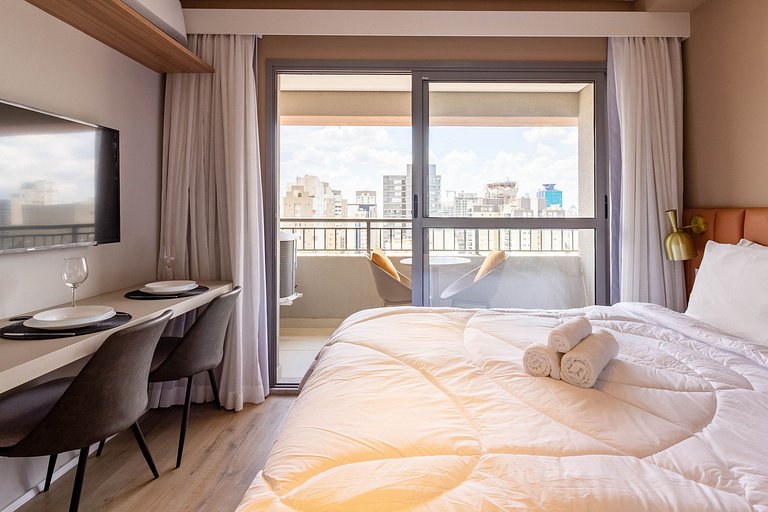 Luxo e conforto apto completo com cama queen size