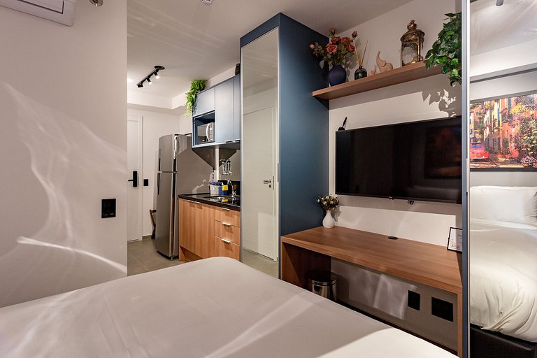 Conforto e elegância: Apt completo c/ cama queen