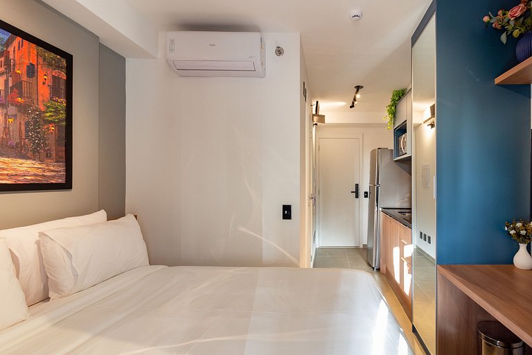 Conforto e elegância: Apt completo c/ cama queen