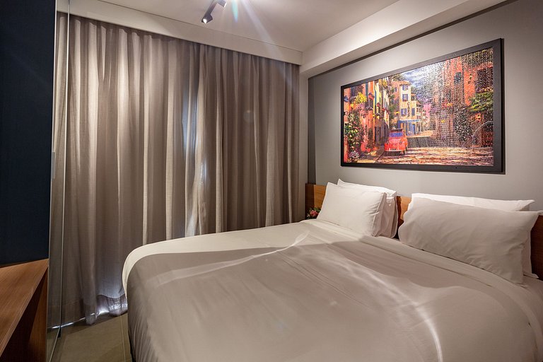Conforto e elegância: Apt completo c/ cama queen